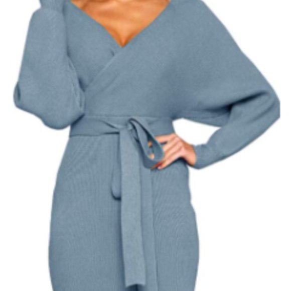 Sky Blue Plunge Belted Batwing Knit Sweater Dress - Picture 9 of 9